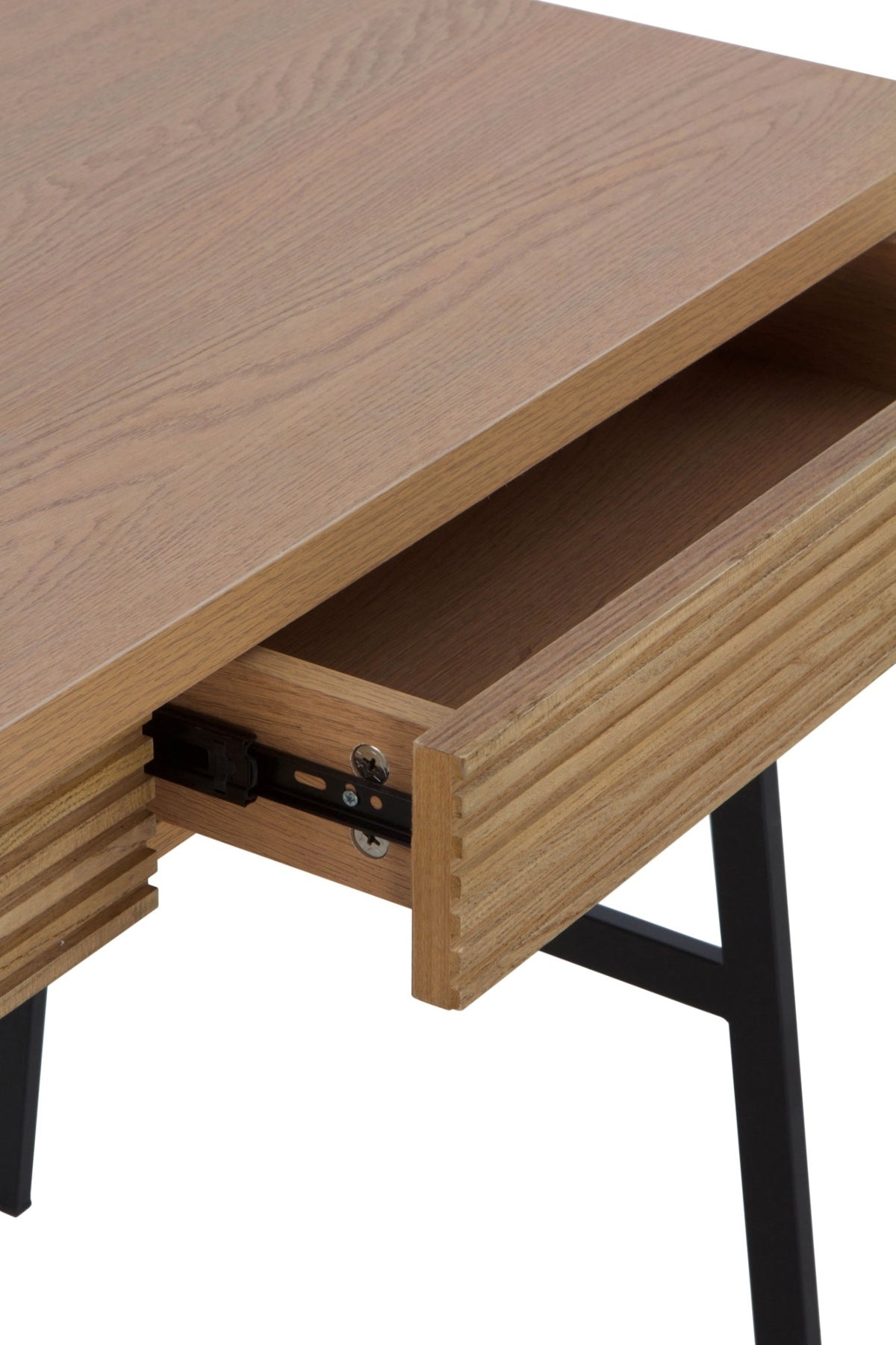 ESCRITORIO CHAPADO EN FRESNO NATURAL CON PIES METALICOS NEGROS