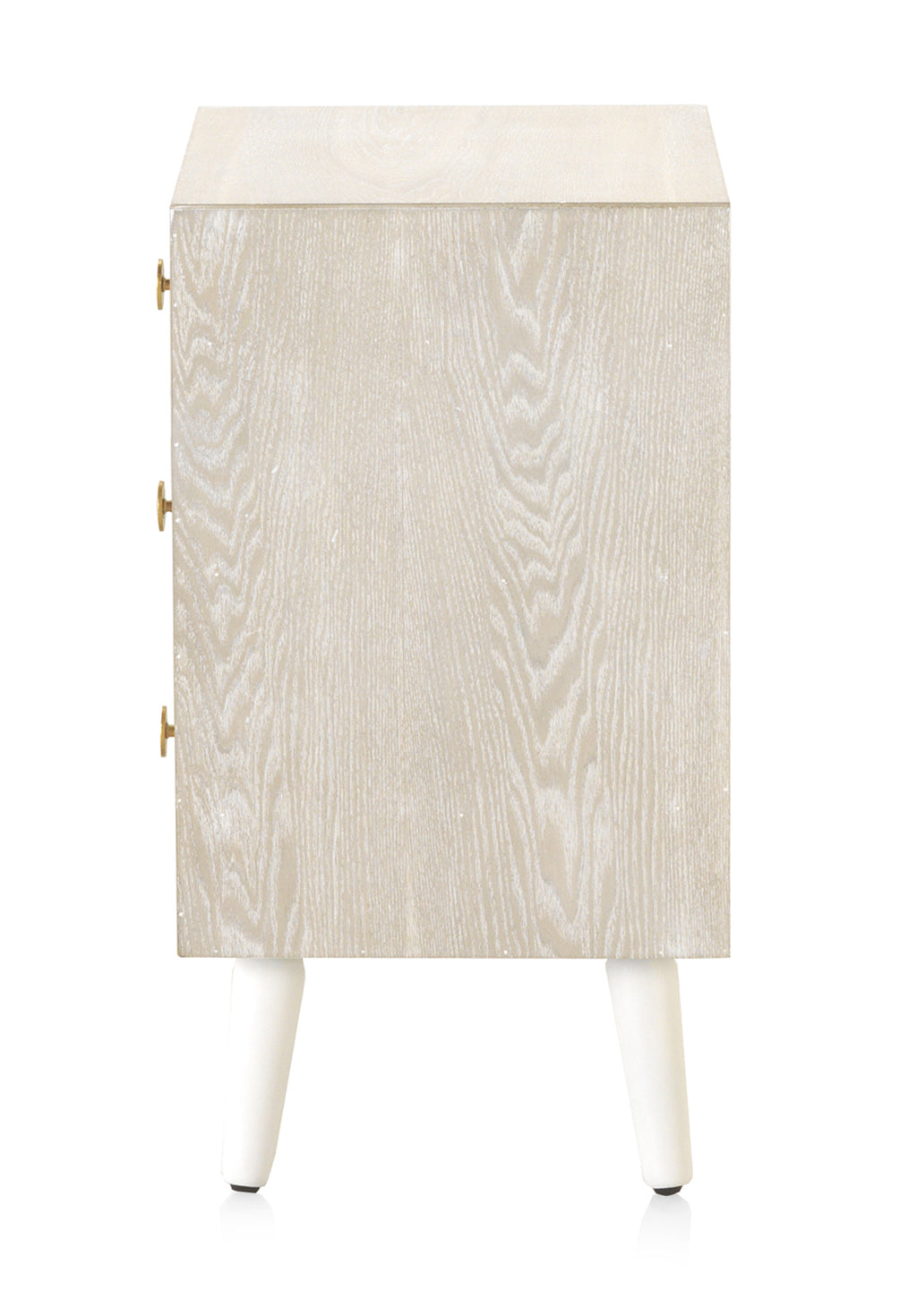 MESITA 3 CAJONES CHAPADO EN FRESNO PATINADO BLANCO, TIRADOR ORO