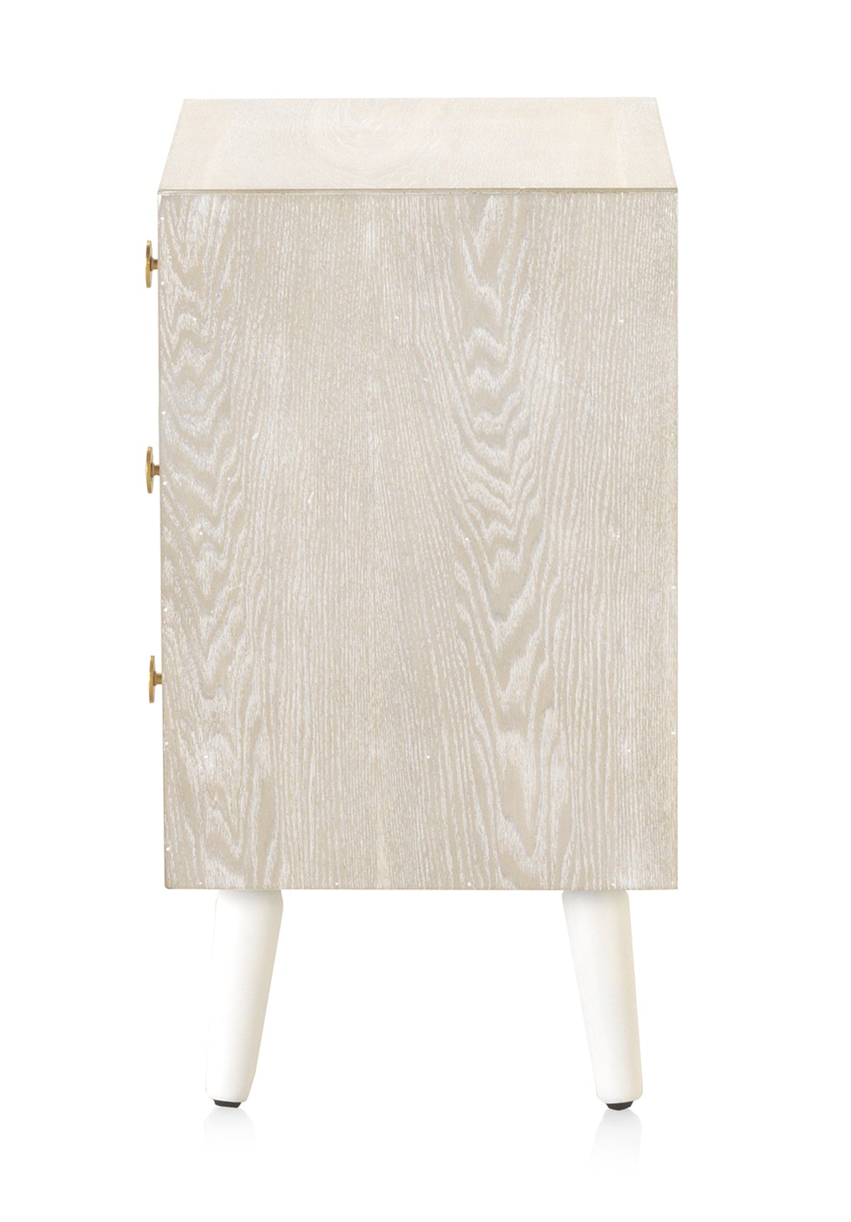 MESITA 3 CAJONES CHAPADO EN FRESNO PATINADO BLANCO, TIRADOR ORO