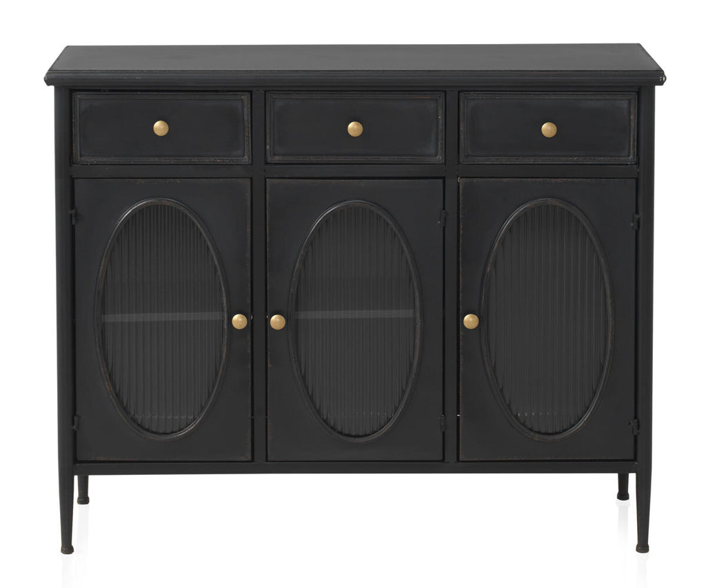 APARADOR CON ESTRUCTURA METAL, PUERTAS CON CRISTAL DE FORMA OVAL Y 3 CAJONES