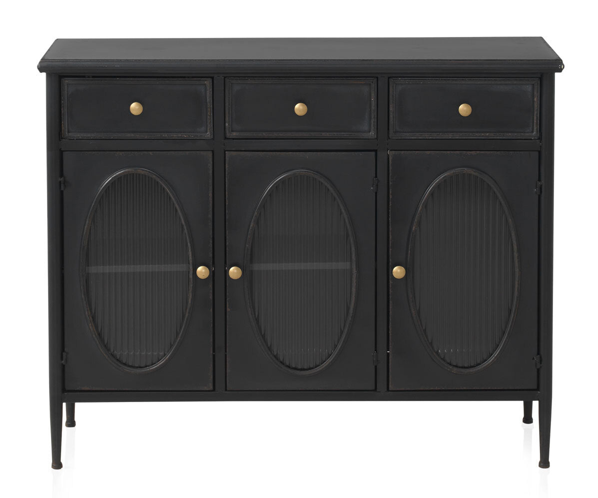 APARADOR CON ESTRUCTURA METAL, PUERTAS CON CRISTAL DE FORMA OVAL Y 3 CAJONES