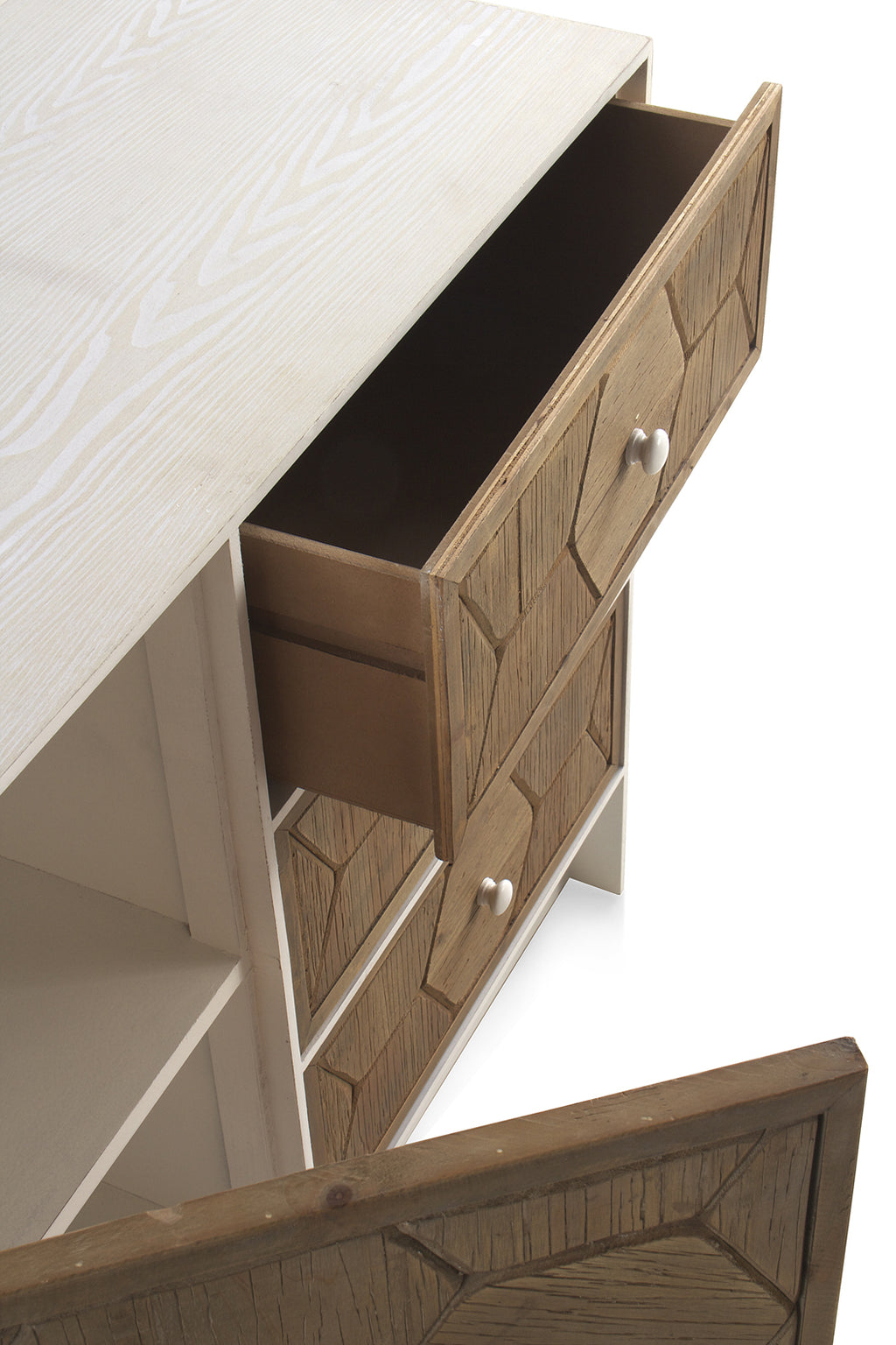 COMODA 1 PUERTA Y 3 CAJONES MADERA DE FRESNO PATINADO BLANCO