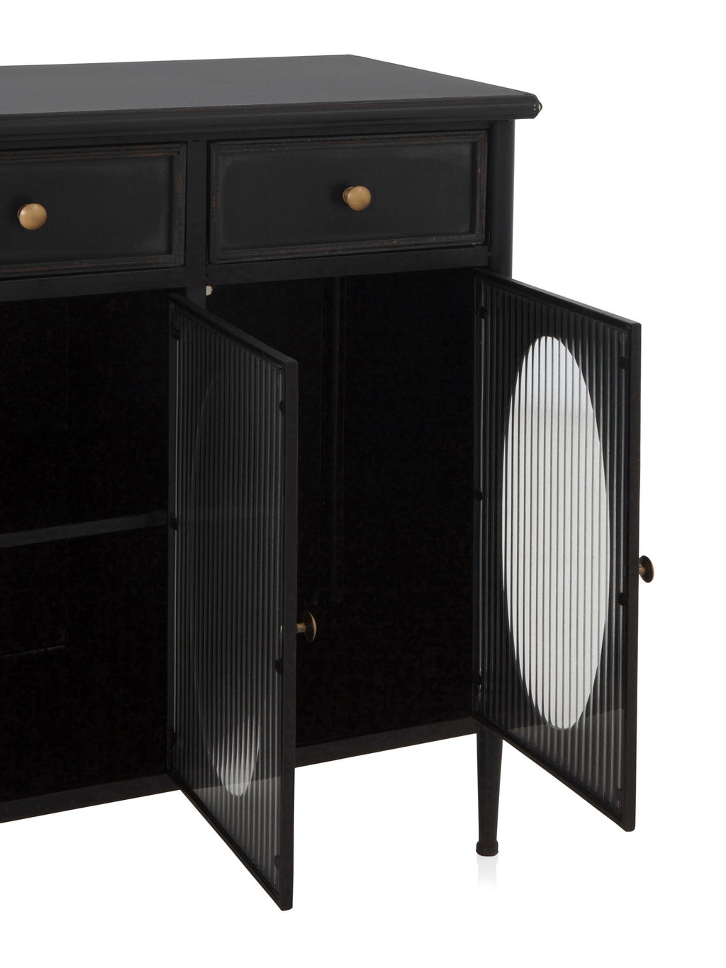 APARADOR CON ESTRUCTURA METAL, PUERTAS CON CRISTAL DE FORMA OVAL Y 3 CAJONES