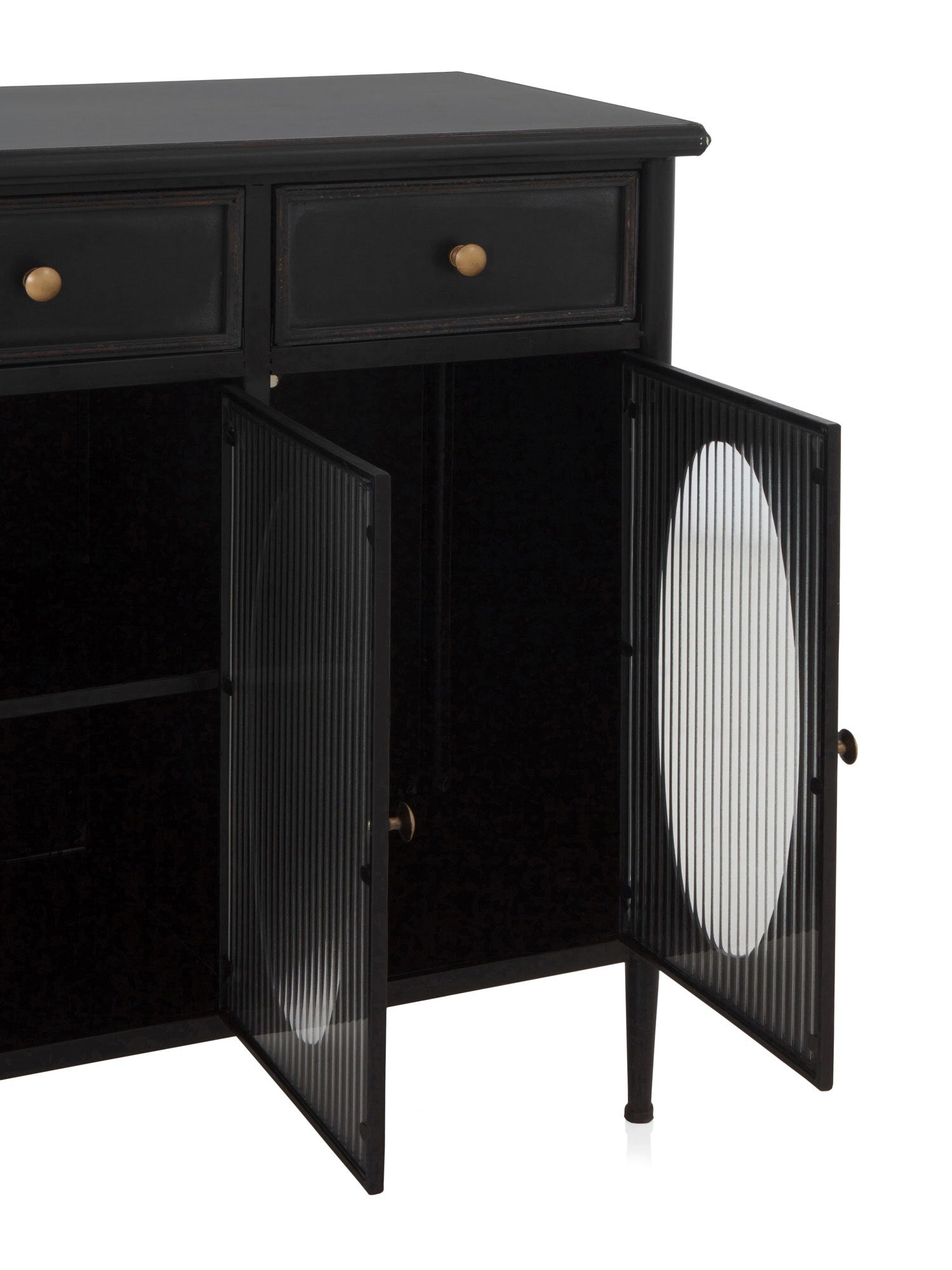 APARADOR CON ESTRUCTURA METAL, PUERTAS CON CRISTAL DE FORMA OVAL Y 3 CAJONES