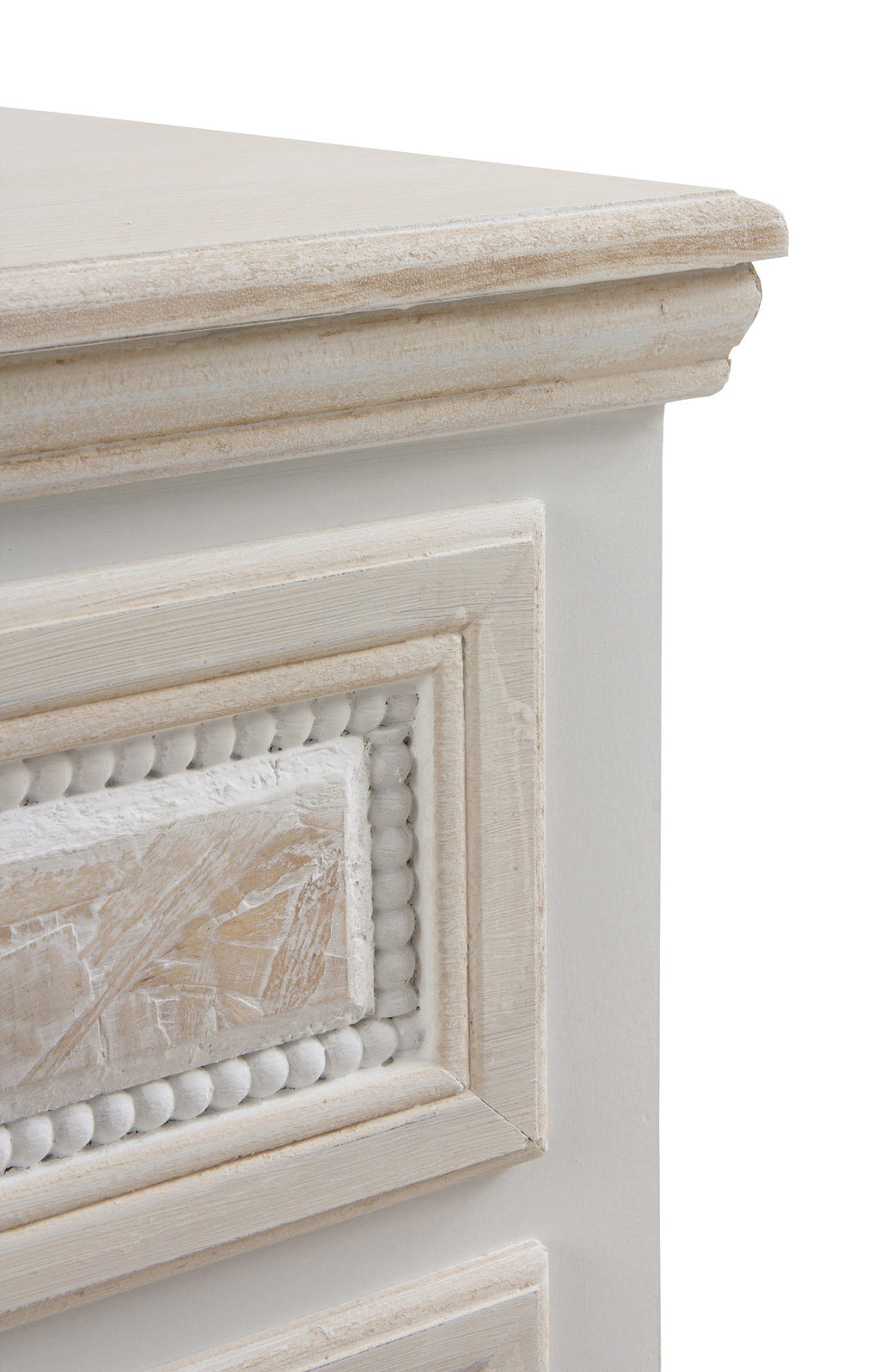 COMODA 5 CAJONES MADERA BLANCO SOBRE Y FRONTIS EN CREMA