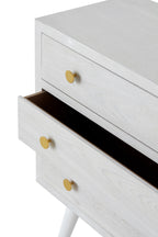 COMODA 3 CAJONES CHAPADO EN FRESNO PATINADO BLANCO, TIRADOR ORO