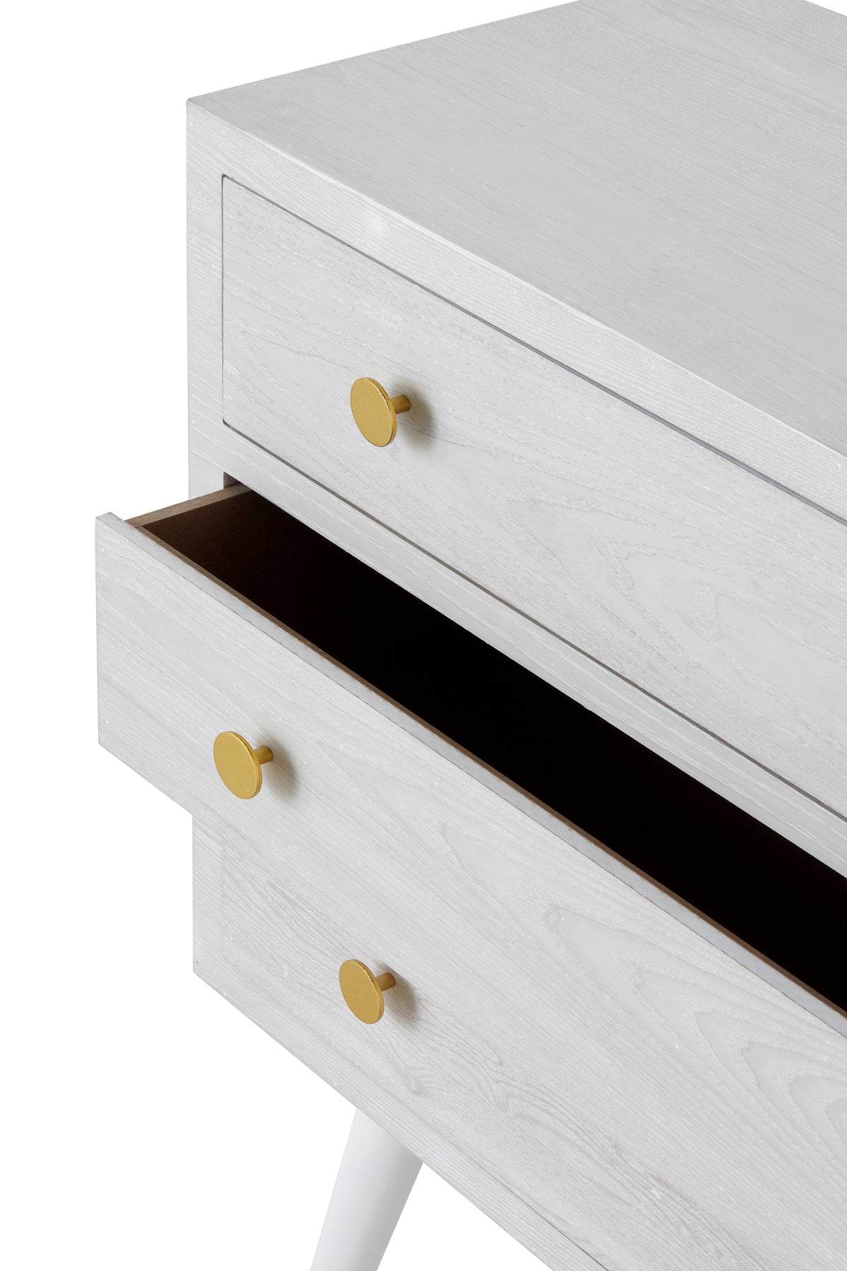 COMODA 3 CAJONES CHAPADO EN FRESNO PATINADO BLANCO, TIRADOR ORO