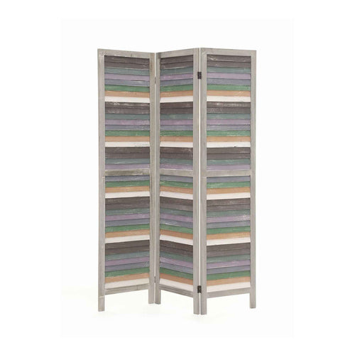 Biombo de madera gris con rayas de colores, vista frontal
