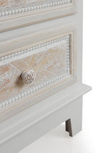 COMODA 5 CAJONES MADERA BLANCO SOBRE Y FRONTIS EN CREMA