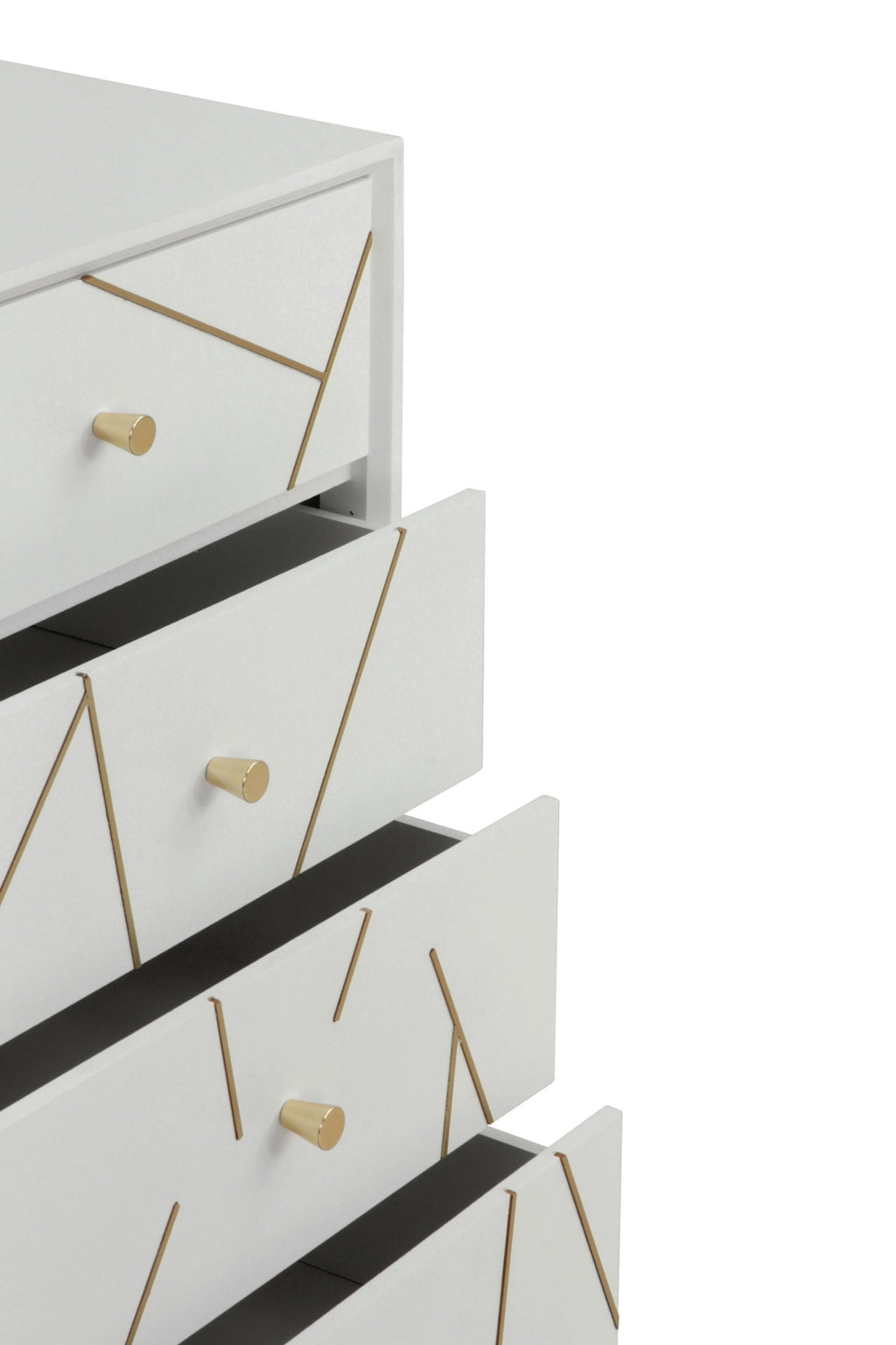 SINFONIER 5 CAJONES LACADO EN BLANCO CON FRONTIS DECORADO EN ORO