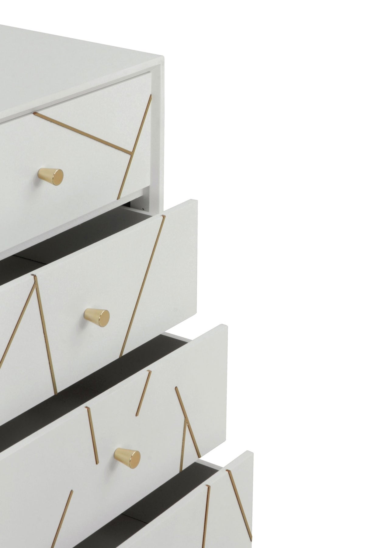 SINFONIER 5 CAJONES LACADO EN BLANCO CON FRONTIS DECORADO EN ORO