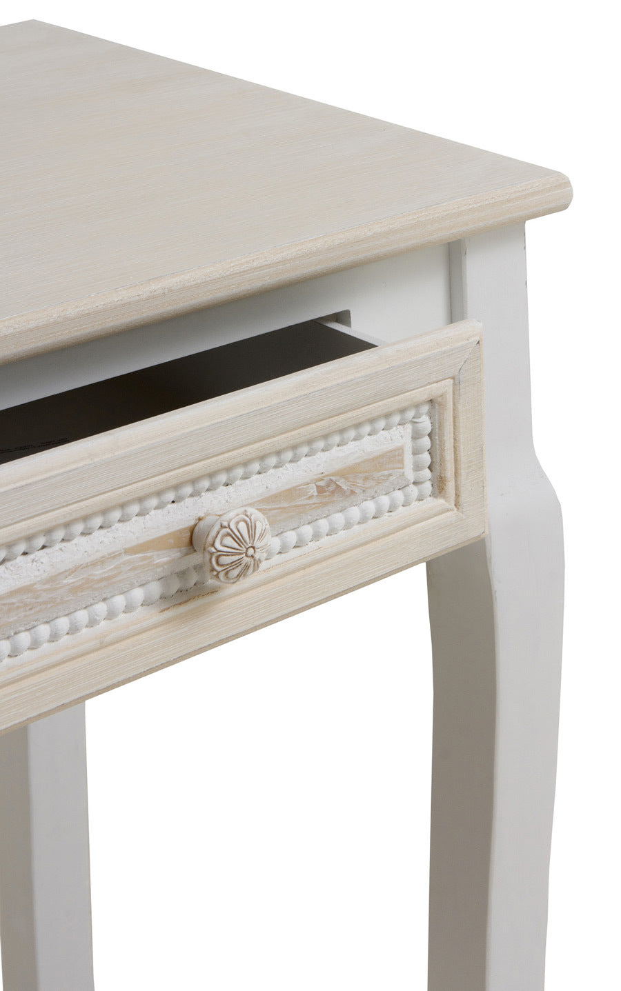 CONSOLA 2 CAJONES MADERA BLANCO SOBRE Y FRONTIS EN CREMA