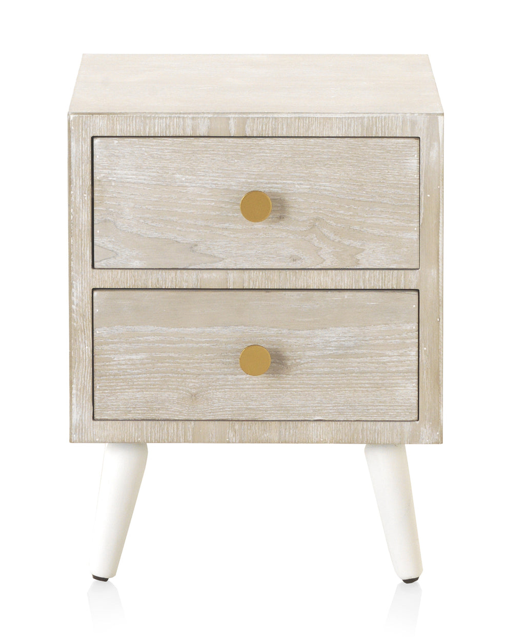 MESITA 2 CAJONES CHAPADO EN FRESNO PATINADO BLANCO, TIRADOR ORO