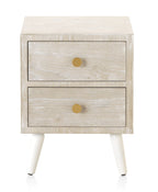 MESITA 2 CAJONES CHAPADO EN FRESNO PATINADO BLANCO, TIRADOR ORO