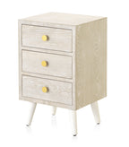 MESITA 3 CAJONES CHAPADO EN FRESNO PATINADO BLANCO, TIRADOR ORO