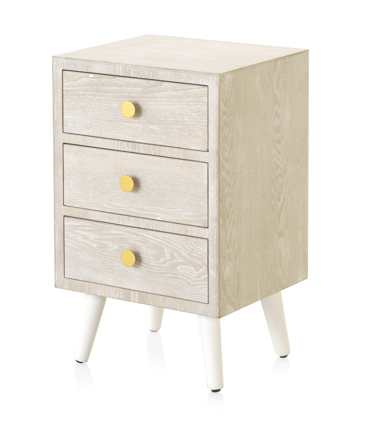 MESITA 3 CAJONES CHAPADO EN FRESNO PATINADO BLANCO, TIRADOR ORO