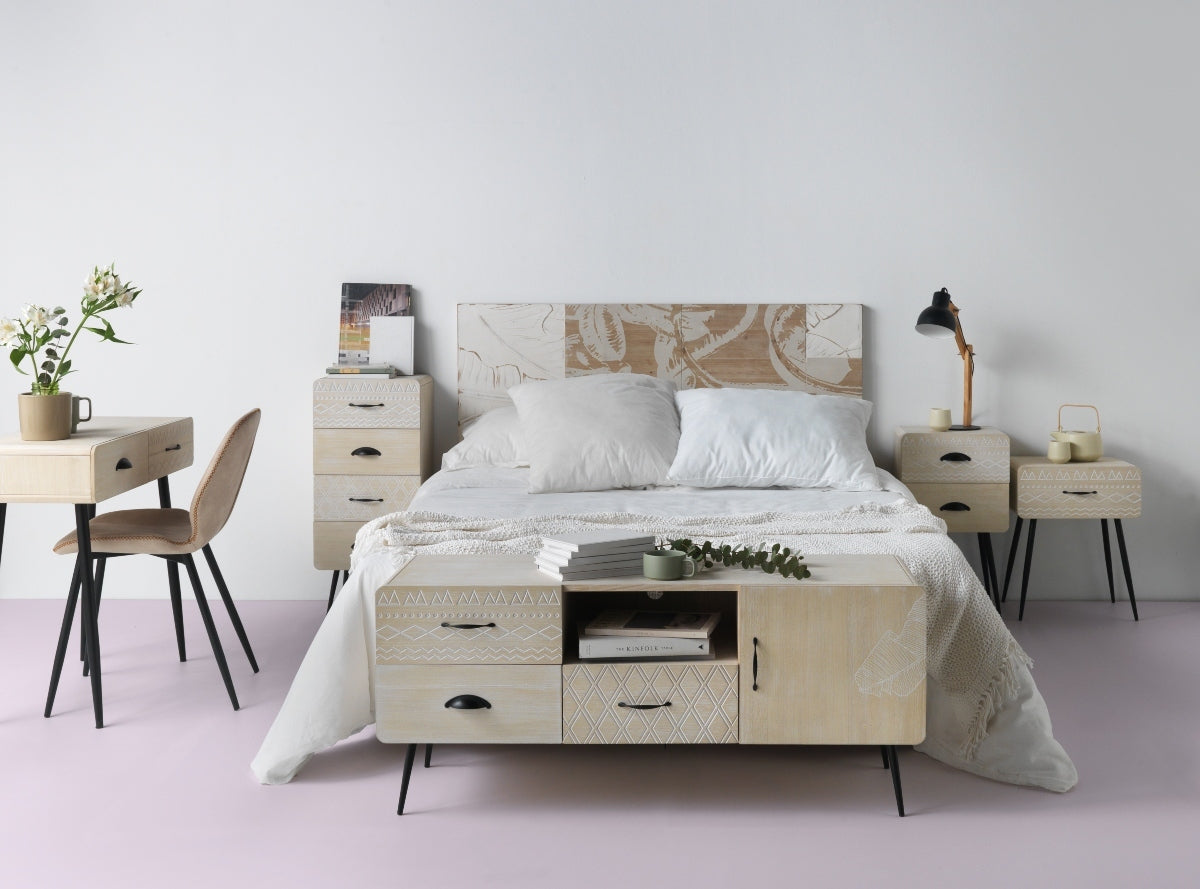 MESITA MADERA NATURAL 3 CAJONES PATAS METALICAS NEGRAS