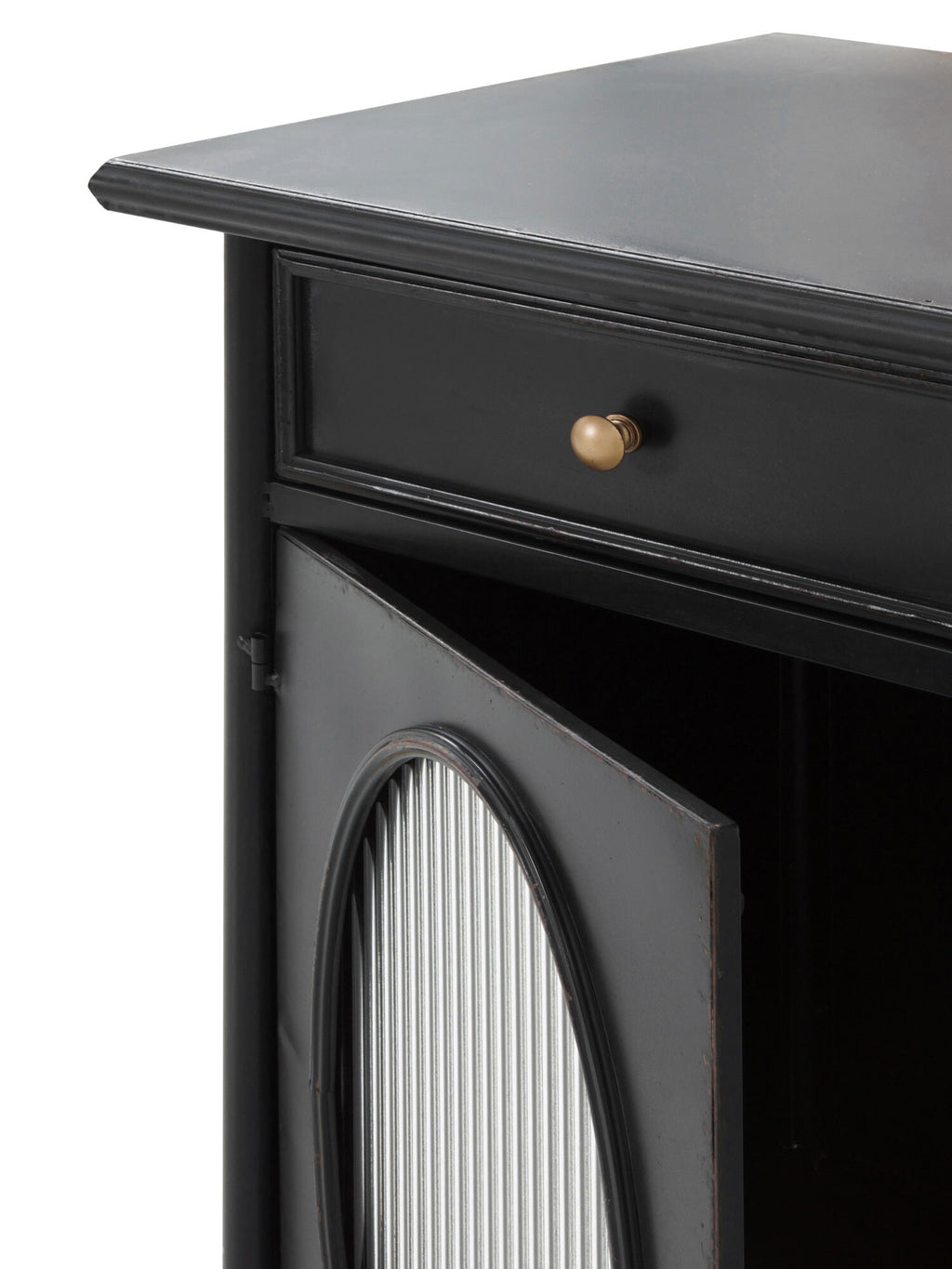 ESCRITORIO CON ESTRUCTURA METAL, PUERTA CON CRISTAL DE FORMA OVAL Y 2 CAJONES