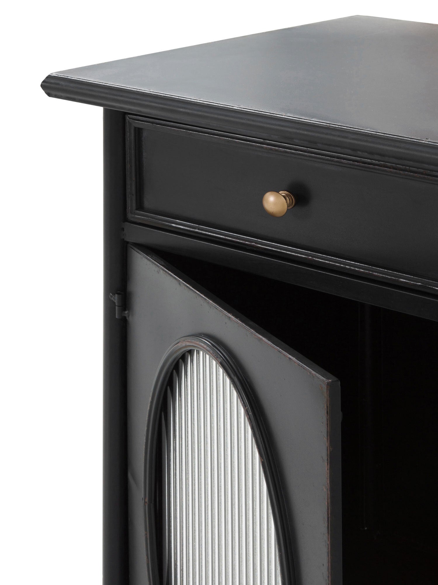 ESCRITORIO CON ESTRUCTURA METAL, PUERTA CON CRISTAL DE FORMA OVAL Y 2 CAJONES