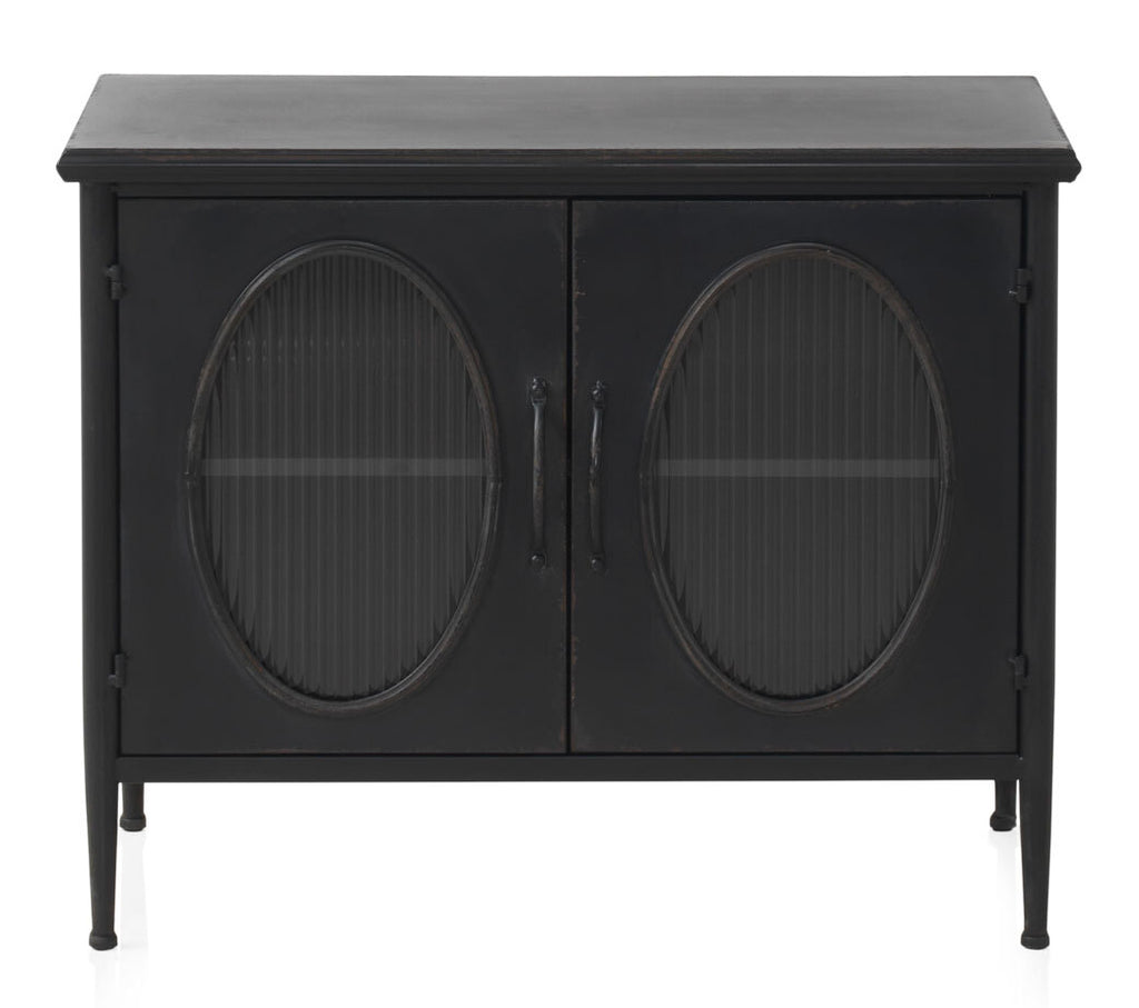 COMODA CON ESTRUCTURA METAL, PUERTA CON CRISTAL DE FORMA OVAL