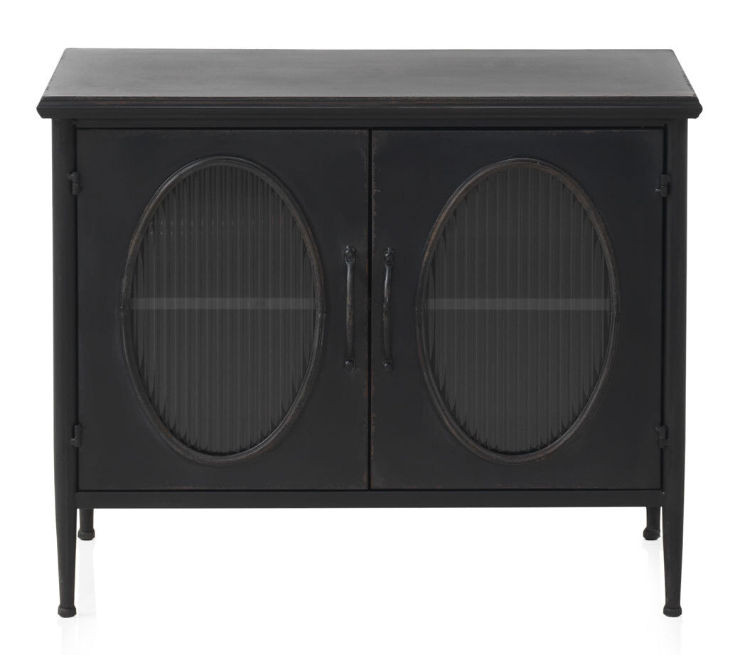 COMODA CON ESTRUCTURA METAL, PUERTA CON CRISTAL DE FORMA OVAL