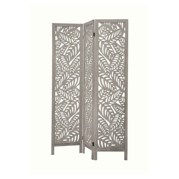 Paravent de fusta gris amb detalls de fulles 120x8x170 cm