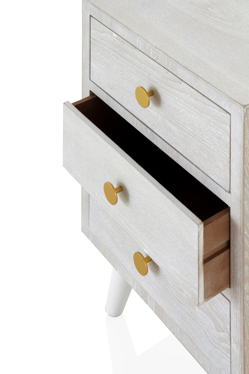 MESITA 3 CAJONES CHAPADO EN FRESNO PATINADO BLANCO, TIRADOR ORO