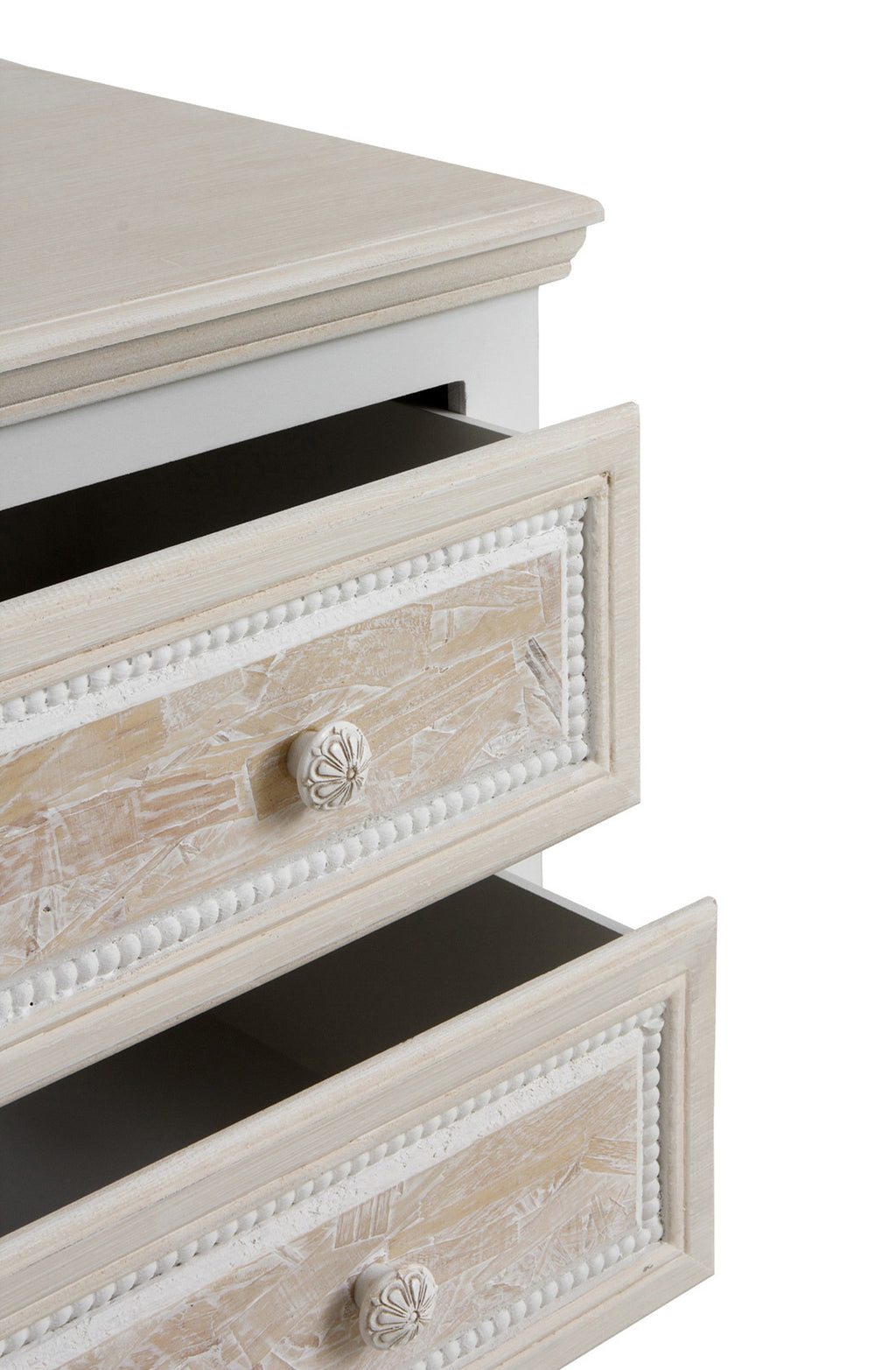 COMODA 5 CAJONES MADERA BLANCO SOBRE Y FRONTIS EN CREMA