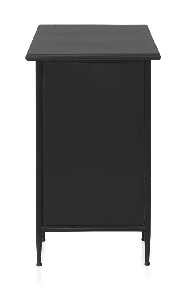 ESCRITORIO CON ESTRUCTURA METAL, PUERTA CON CRISTAL DE FORMA OVAL Y 2 CAJONES