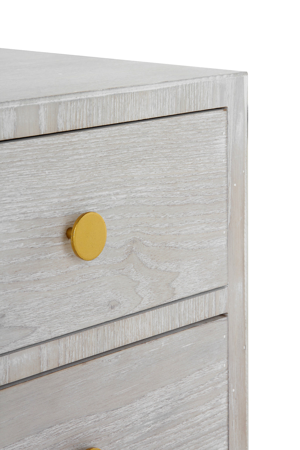 MESITA 2 CAJONES CHAPADO EN FRESNO PATINADO BLANCO, TIRADOR ORO