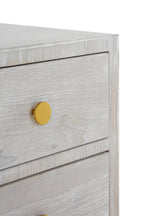 MESITA 2 CAJONES CHAPADO EN FRESNO PATINADO BLANCO, TIRADOR ORO